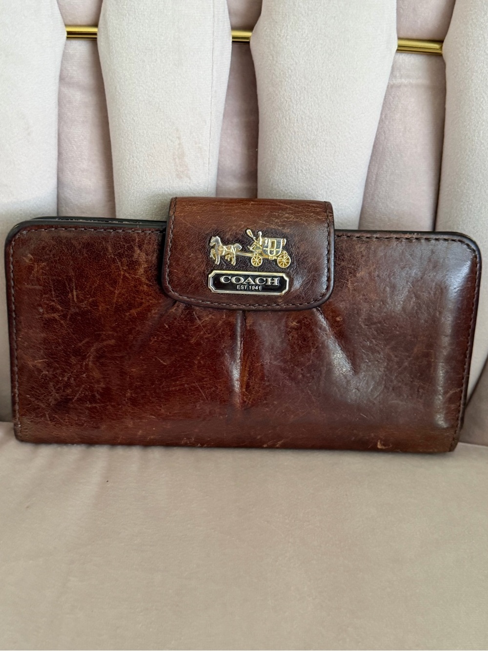 Coach Brown Leather Continental Wallet with Signature Horse & Carriage Plaque